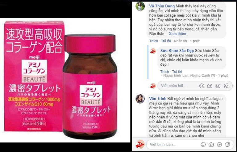 Phản hồi của khách hàng về Collagen Meiji Beaute trên fanpage