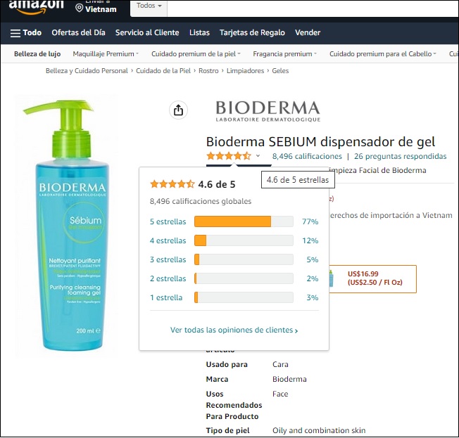 bioderma sebium gel moussant được đánh giá 4.6/5 sao trên trang amazon