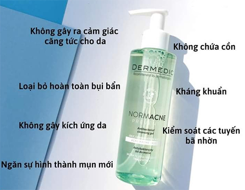 dermedic normacne antibacterial cleansing gel giúp làm sạch, kiềm dầu trị mụn trên da