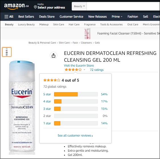  eucerin dermatoclean refreshing cleansing gel được đánh giá 4/5 sao trên amazon
