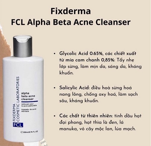 thành phần của sữa rửa mặt fixderma fcl alpha-beta acne cleanser