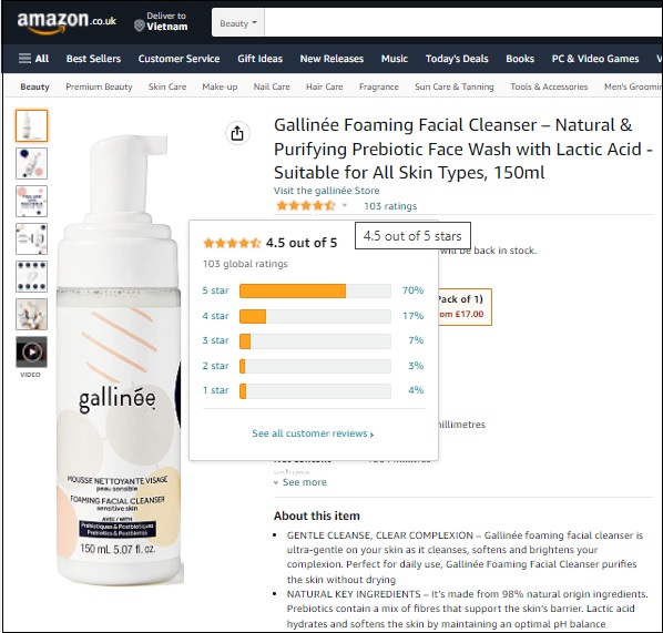  gallinée foaming facial cleanser được đánh giá 4.5/5 sao trên trang amazon