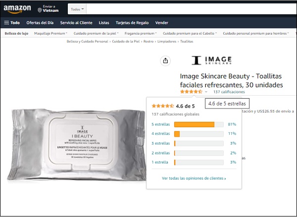 Image Skincare I Beauty Refreshing Facial Wipe được đánh giá 4.6/5 sao trên Amazon