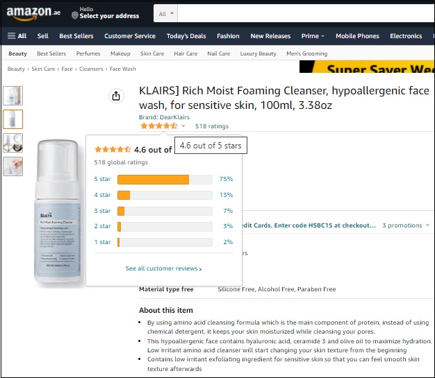 klairs rich moist foaming cleanser được đánh giá 4.6/5 sao trên trang amazon