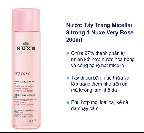ưu điểm nổi bật của tẩy trang nuxe very rose 3-in-1 soothing micellar water