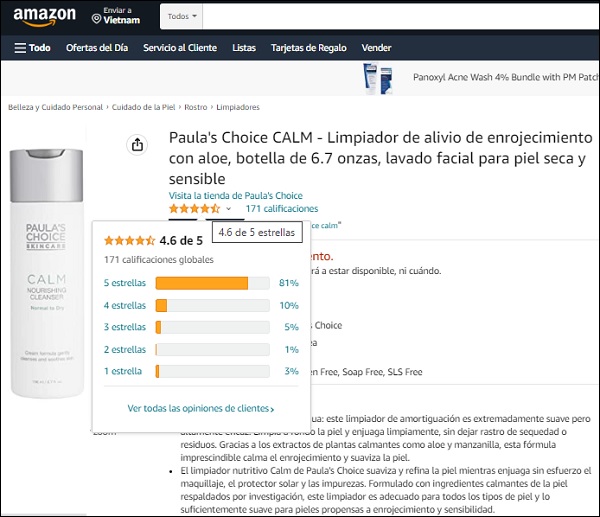 paula's choice calm nourishing cleanser được đánh giá 4.6/5 sao trên trang amazon