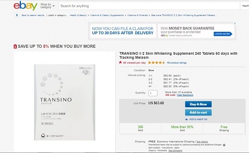 Transino Whitening 240 viên bán trên Ebay