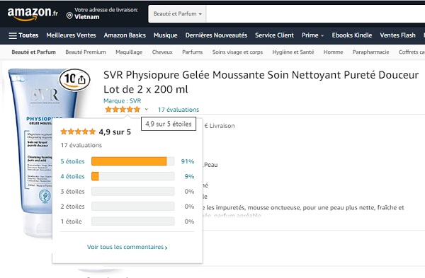 svr physiopure gelée moussante được đánh giá 4.9/5 sao trên trang amazon