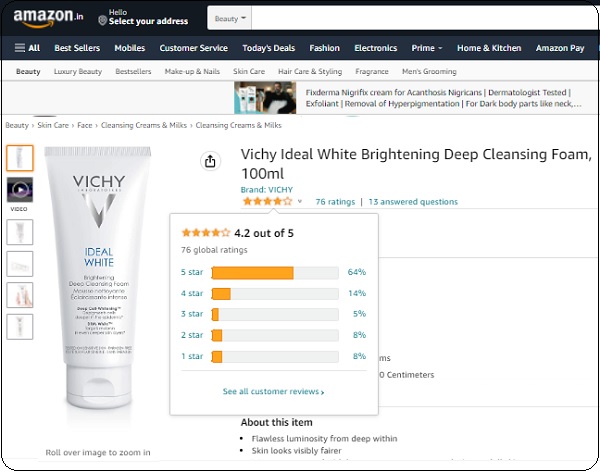  vichy ideal white brightening deep cleansing foam được đánh giá 4.2/5 sao trên amazon