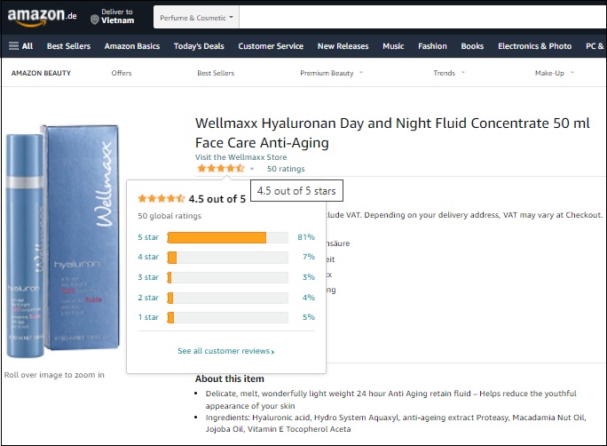 wellmaxx hyaluron anti-age day & night fluid concentrate được đánh giá 4.5/5 sao trên amazon
