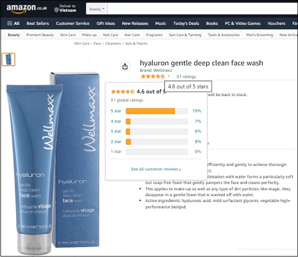 wellmaxx hyaluron gentle deep clean face wash được đánh giá 4.6/5 sao trên amazon