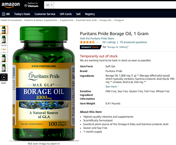 review puritan’s pride borage oil 1000mg trên amazon