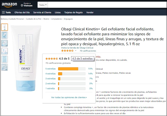 obagi clinical kinetin+ exfoliating cleansing gel nhận được nhiều đánh giá 5 sao trên amazon