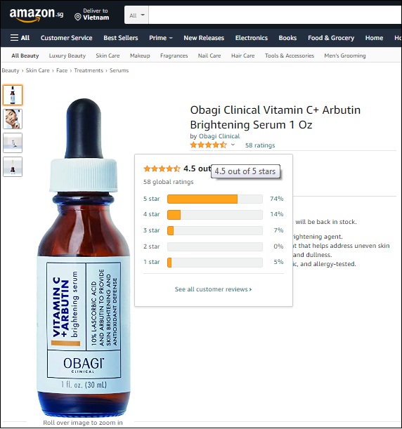 obagi clinical vitamin c arbutin brightening serum nhận được nhiều đánh giá 5 sao