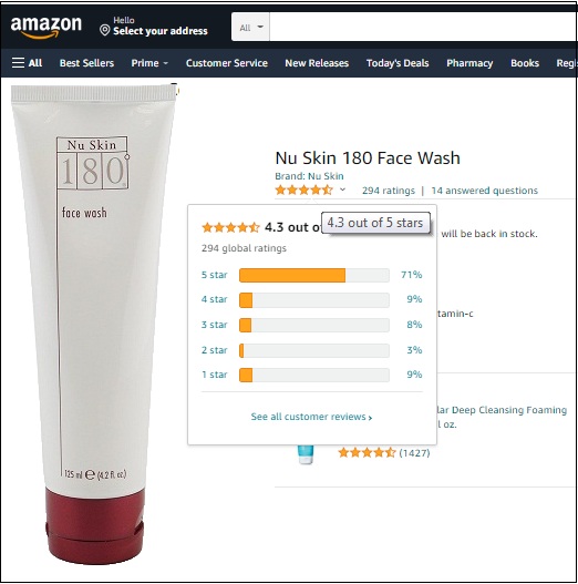 nu skin 180 face wash nhận được nhiều đánh giá 5 sao trên trang amazon