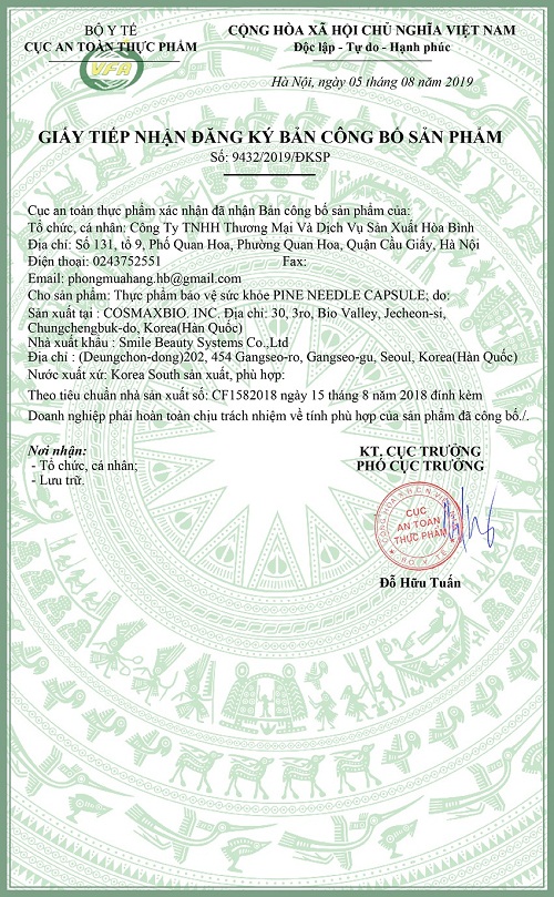giấy chứng nhận  sản phẩm pine needle capsule edally